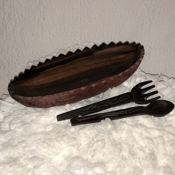 Personalized Carved Wood Oval Bowl W/Fork & Spoon